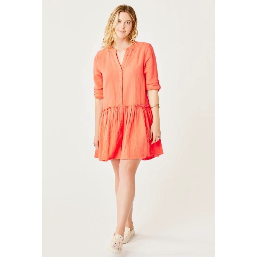 Carve Designs Sunset Double Gauze Button Down Long Sleeve Tiered Mini Dress S